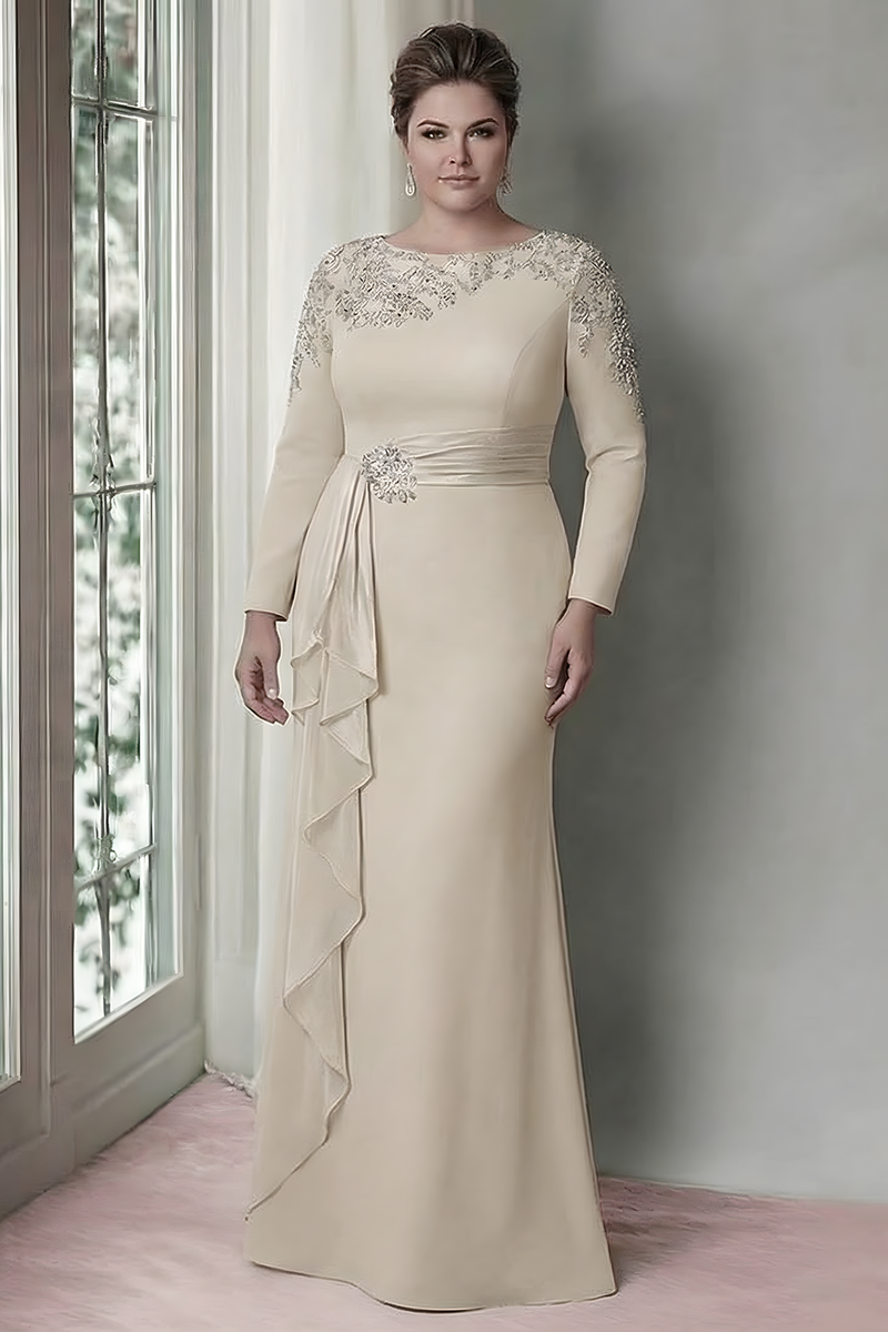Laden Sie das Bild in den Galerie-Viewer, Sheath Blush Langärmeliges Satin Plus-Size Mutter der Braut Kleid mit Rüschen