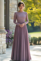 Laden Sie das Bild in den Galerie-Viewer, Mauve Rundhalsausschnitt Chiffon Brautmutterkleid mit Spitzenapplikationen