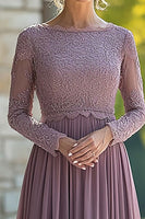 Laden Sie das Bild in den Galerie-Viewer, Mauve Rundhalsausschnitt Chiffon Brautmutterkleid mit Spitzenapplikationen