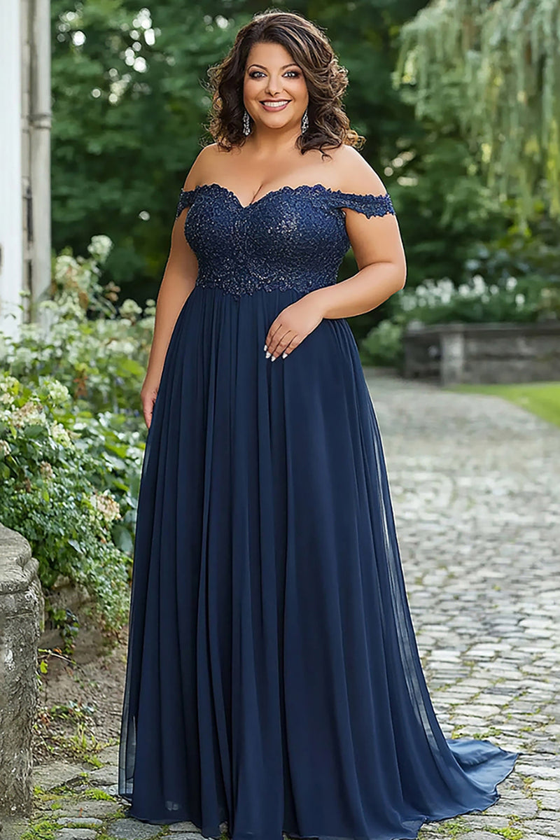 Laden Sie das Bild in den Galerie-Viewer, Elegantes Schulterfreies Chiffon Brautmutterkleid mit Spitzenapplikationen
