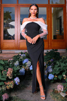 Laden Sie das Bild in den Galerie-Viewer, Schwarzes Meerjungfrau Schulterfreies Langärmeliges Langes Ballkleid mit Schlitz