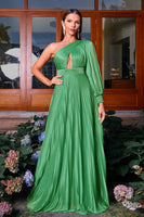 Laden Sie das Bild in den Galerie-Viewer, Grünes A-Linie Eine Schulter Abendkleid mit langen Ärmeln und Falten