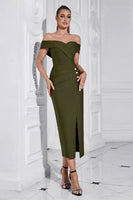 Laden Sie das Bild in den Galerie-Viewer, Armeegrünes Etui Schulterfreies Teelanges Ballkleid mit Schlitz