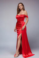 Laden Sie das Bild in den Galerie-Viewer, Grünes Meerjungfrau Schulterfreies Satin Ballkleid mit Schlitz