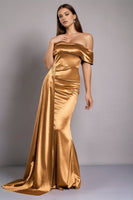 Laden Sie das Bild in den Galerie-Viewer, Satin Schwarzes Schulterfreies Meerjungfrauen Abendkleid