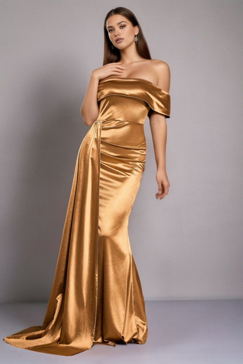 Laden Sie das Bild in den Galerie-Viewer, Satin Schwarzes Schulterfreies Meerjungfrauen Abendkleid