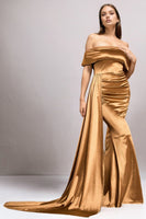 Laden Sie das Bild in den Galerie-Viewer, Satin Schwarzes Schulterfreies Meerjungfrauen Abendkleid