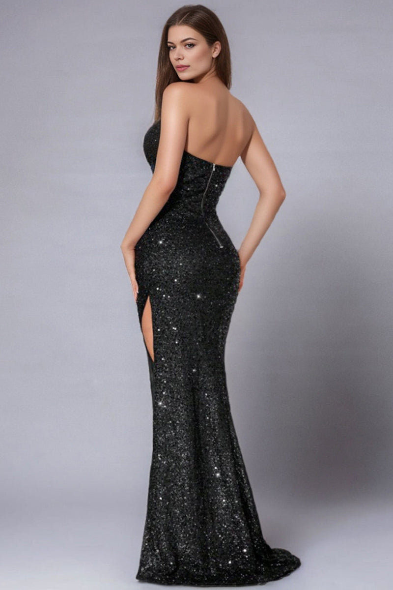 Laden Sie das Bild in den Galerie-Viewer, Glitzerndes Schwarzes Pailletten Neckholder Meerjungfrauen Ballkleid mit Schlitz