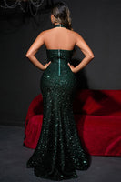 Laden Sie das Bild in den Galerie-Viewer, Glitzerndes Schwarzes Pailletten Neckholder Meerjungfrauen Ballkleid mit Schlitz