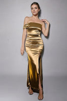 Laden Sie das Bild in den Galerie-Viewer, Meerjungfrau Goldenes Einschultriges Gerafftes Langes Ballkleid mit Schlitz