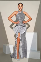 Laden Sie das Bild in den Galerie-Viewer, Glitzerndes Silbernes Meerjungfrauen Stehkragen Pailletten Rüschen Blumen Langes Ballkleid mit Schlitz