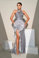 Laden Sie das Bild in den Galerie-Viewer, Glitzerndes Silbernes Meerjungfrauen Stehkragen Pailletten Rüschen Blumen Langes Ballkleid mit Schlitz