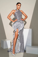 Laden Sie das Bild in den Galerie-Viewer, Glitzerndes Silbernes Meerjungfrauen Stehkragen Pailletten Rüschen Blumen Langes Ballkleid mit Schlitz