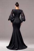 Laden Sie das Bild in den Galerie-Viewer, Schwarzes Meerjungfrauen V-Ausschnitt Puff Abendkleid mit langen Ärmeln und Applikationen
