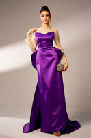 Laden Sie das Bild in den Galerie-Viewer, Dunkellila Meerjungfrau Illusion Hals Lange Ärmel Perlen Satin Ballkleid mit Schleife