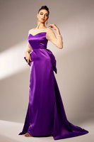 Laden Sie das Bild in den Galerie-Viewer, Dunkellila Meerjungfrau Illusion Hals Lange Ärmel Perlen Satin Ballkleid mit Schleife