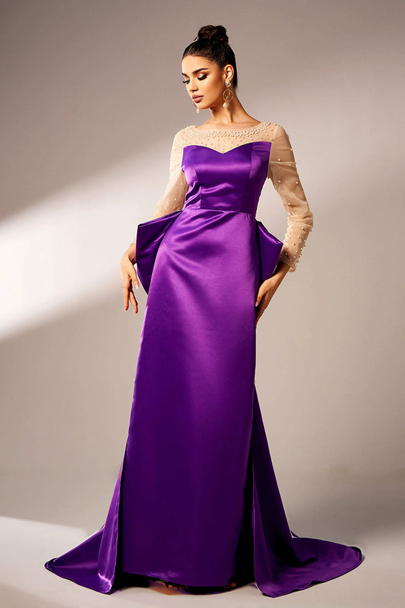 Laden Sie das Bild in den Galerie-Viewer, Dunkellila Meerjungfrau Illusion Hals Lange Ärmel Perlen Satin Ballkleid mit Schleife