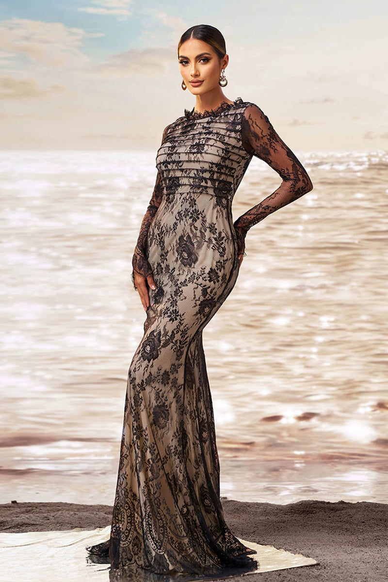 Laden Sie das Bild in den Galerie-Viewer, Schwarz Aprikose Meerjungfrau Lange Ärmel Geraffte Spitze Langes Ballkleid