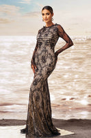 Laden Sie das Bild in den Galerie-Viewer, Schwarz Aprikose Meerjungfrau Lange Ärmel Geraffte Spitze Langes Ballkleid