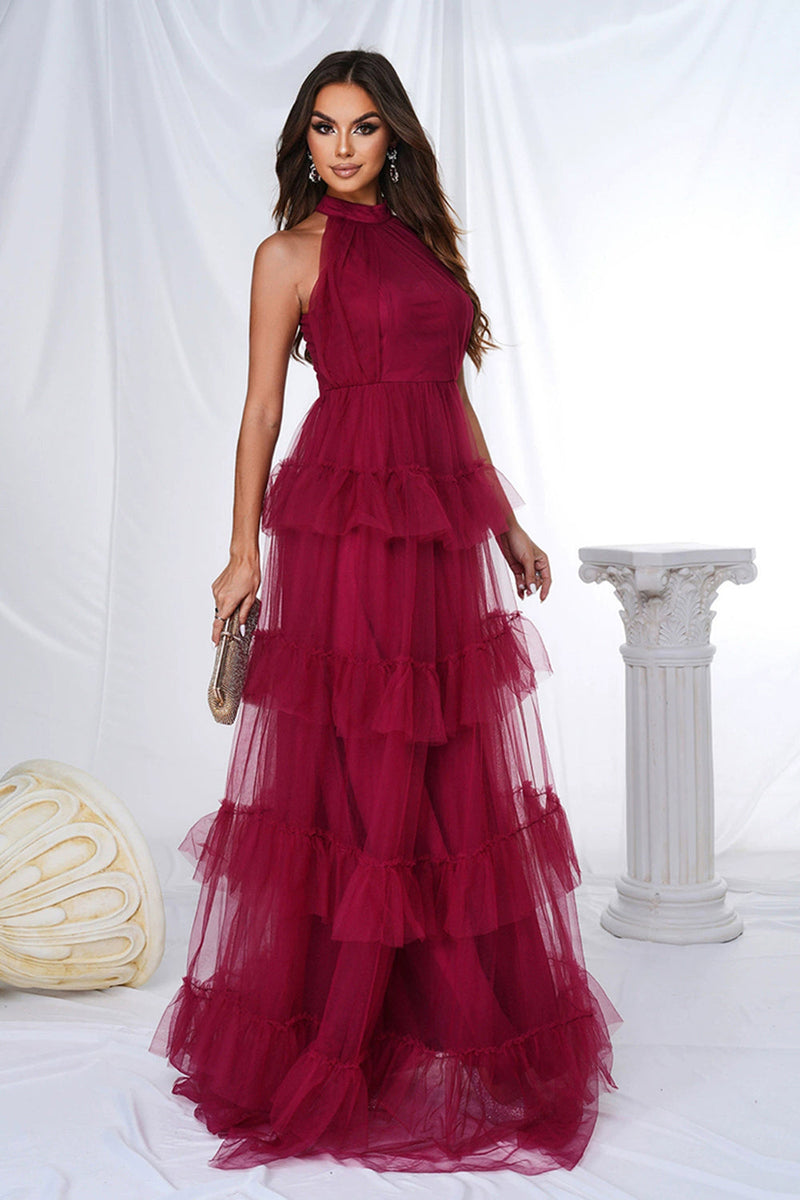 Laden Sie das Bild in den Galerie-Viewer, Burgundy Langes A-Linie Neckholder Hochzeitsgastkleid aus Tüll