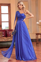 Laden Sie das Bild in den Galerie-Viewer, Königsblaues Langes A-Linie Brautjungfernkleid mit einer Schulter und Luftschlange