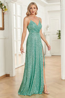 Laden Sie das Bild in den Galerie-Viewer, A-Linie Spaghettiträger Pailletten Mint Langes Brautjungfernkleid mit Schlitz