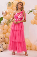 Laden Sie das Bild in den Galerie-Viewer, Hot Pink Eine Schulter Blumen Bedrucktes A-Linie Langes Brautjungfernkleid