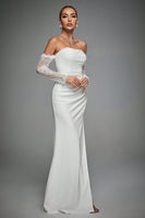 Laden Sie das Bild in den Galerie-Viewer, Elfenbein Schulterfreies Langes Brautkleid mit Spitzenärmeln und Schlitz