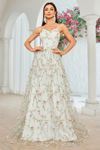 A Linie Elfenbein Blume Spaghettiträger Stickerei Langes Brautkleid