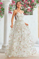 Laden Sie das Bild in den Galerie-Viewer, A Linie Elfenbein Blume Spaghettiträger Stickerei Langes Brautkleid