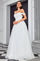 Laden Sie das Bild in den Galerie-Viewer, Schulterfreies A Linie Elfenbein Herzausschnit Langes Brautkleid