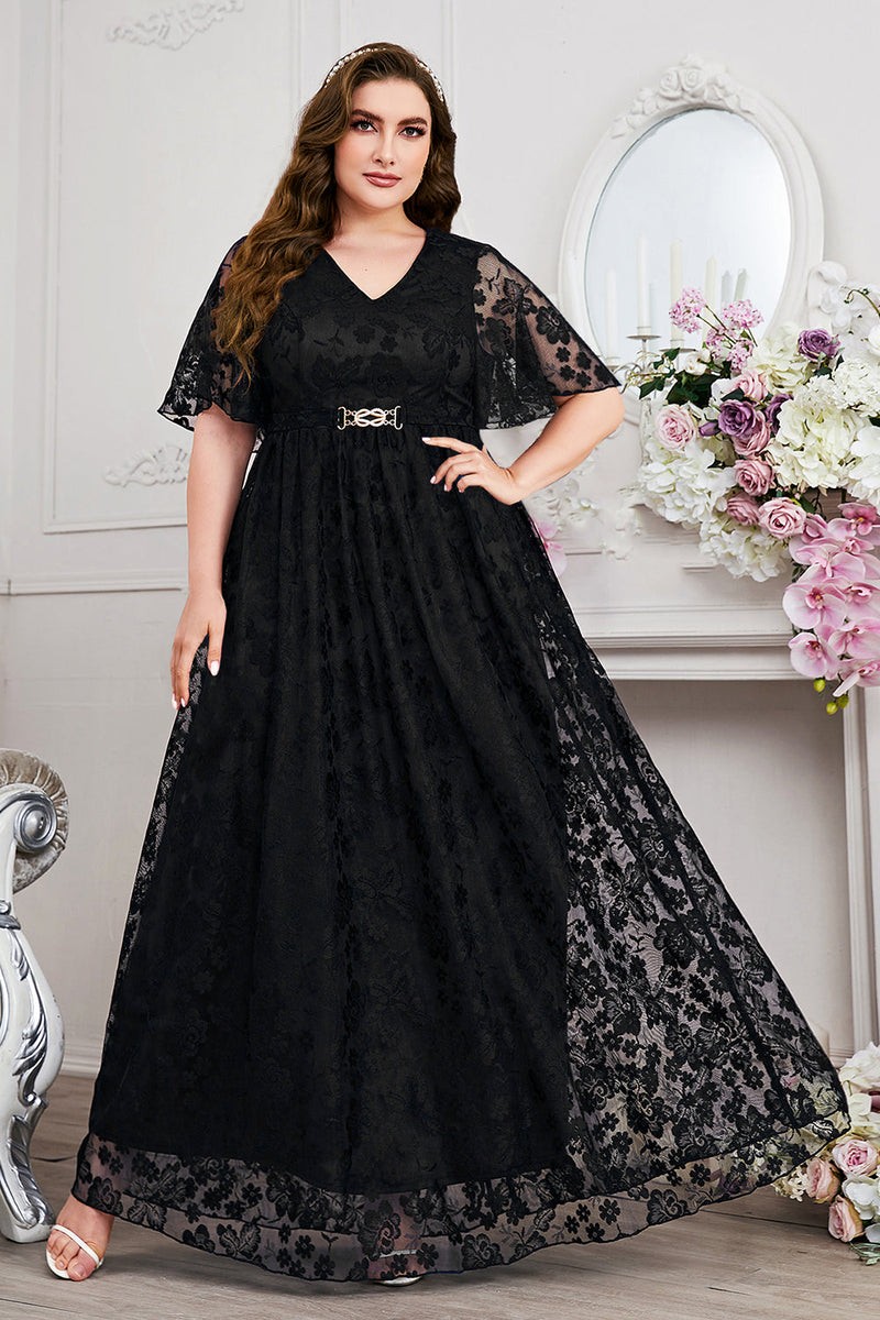 Laden Sie das Bild in den Galerie-Viewer, Marineblaues A-Linie V-Ausschnitt Kurzärmeliges Langes Chorkleid mit Spitze