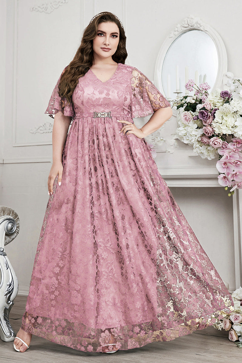 Laden Sie das Bild in den Galerie-Viewer, Marineblaues A-Linie V-Ausschnitt Kurzärmeliges Langes Chorkleid mit Spitze