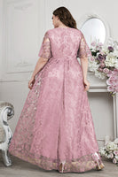 Laden Sie das Bild in den Galerie-Viewer, Marineblaues Langes A-Linie V-Ausschnitt Spitze Kleid für die Brautmutter mit kurze Ärmeln