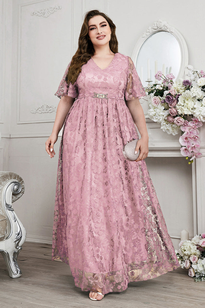 Laden Sie das Bild in den Galerie-Viewer, Marineblaues A-Linie V-Ausschnitt Kurzärmeliges Langes Chorkleid mit Spitze