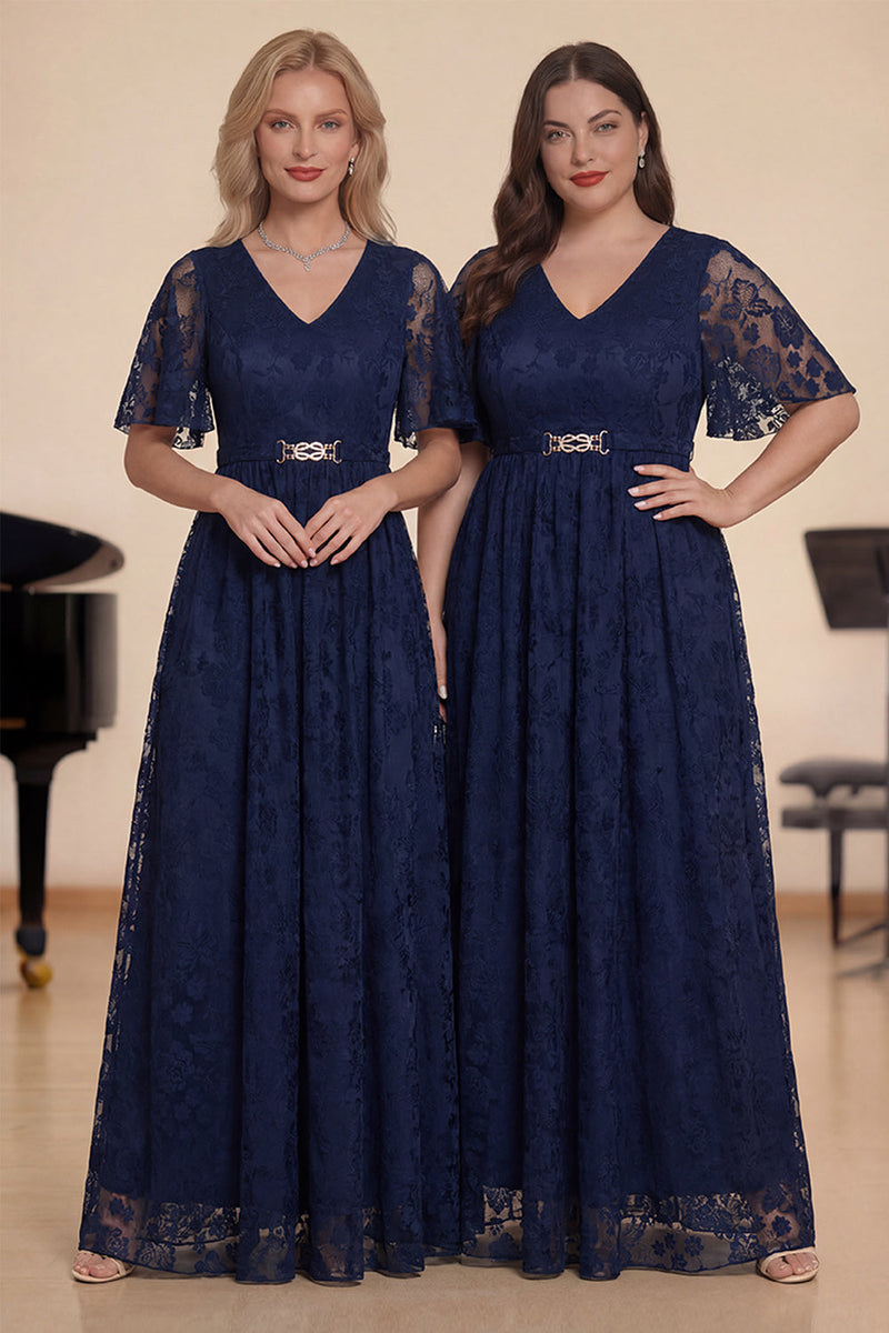 Laden Sie das Bild in den Galerie-Viewer, Marineblaues A-Linie V-Ausschnitt Kurzärmeliges Langes Chorkleid mit Spitze