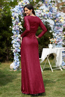 Laden Sie das Bild in den Galerie-Viewer, Glitzer Königsblaues Perlen V-Ausschnitt Lange Ärmel Plissee Etui Kleid für die Brautmutter