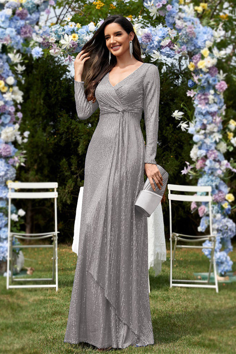 Laden Sie das Bild in den Galerie-Viewer, Glitzer Königsblaues Perlen V-Ausschnitt Lange Ärmel Plissee Etui Kleid für die Brautmutter