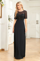 Laden Sie das Bild in den Galerie-Viewer, Schwarzes Rundhalsausschnitt A Linie Chiffon Kleid für die Brautmutter mit halben Ärmeln