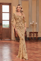 Laden Sie das Bild in den Galerie-Viewer, Glitzerndes Dunkelgrünes Meerjungfrauen Pailletten Langes Chorkleid mit 3/4-Ärmeln