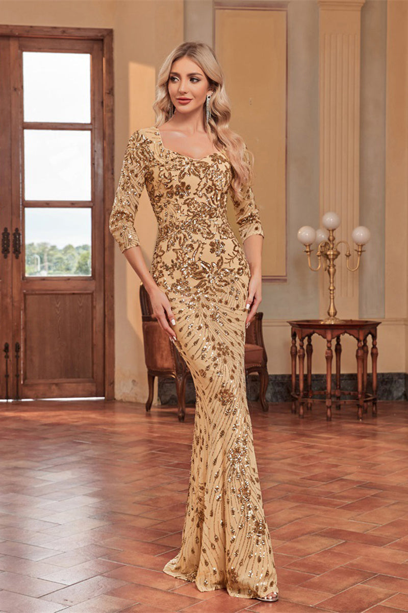 Laden Sie das Bild in den Galerie-Viewer, Glitzerndes Dunkelgrünes Meerjungfrauen Pailletten Langes Chorkleid mit 3/4-Ärmeln