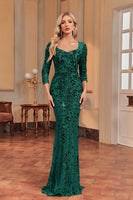 Laden Sie das Bild in den Galerie-Viewer, Funkelndes Dunkelgrünes Meerjungfrauen Applikationen Mutterkleid mit quadratischem Ausschnitt und 3/4-Ärmeln