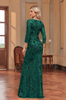 Laden Sie das Bild in den Galerie-Viewer, Glitzerndes Dunkelgrünes Meerjungfrauen Pailletten Langes Chorkleid mit 3/4-Ärmeln