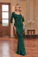 Laden Sie das Bild in den Galerie-Viewer, Glitzerndes Dunkelgrünes Meerjungfrauen Pailletten Langes Chorkleid mit 3/4-Ärmeln
