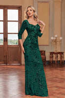 Laden Sie das Bild in den Galerie-Viewer, Funkelndes Dunkelgrünes Meerjungfrauen Applikationen Mutterkleid mit quadratischem Ausschnitt und 3/4-Ärmeln