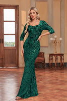 Laden Sie das Bild in den Galerie-Viewer, Funkelndes Dunkelgrünes Meerjungfrauen Applikationen Mutterkleid mit quadratischem Ausschnitt und 3/4-Ärmeln