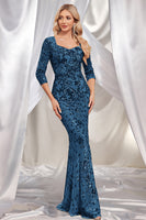 Laden Sie das Bild in den Galerie-Viewer, Funkelndes Dunkelgrünes Meerjungfrauen Applikationen Mutterkleid mit quadratischem Ausschnitt und 3/4-Ärmeln