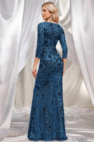 Laden Sie das Bild in den Galerie-Viewer, Glitzerndes Dunkelgrünes Meerjungfrauen Pailletten Langes Chorkleid mit 3/4-Ärmeln