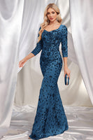 Laden Sie das Bild in den Galerie-Viewer, Funkelndes Dunkelgrünes Meerjungfrauen Applikationen Mutterkleid mit quadratischem Ausschnitt und 3/4-Ärmeln
