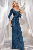 Laden Sie das Bild in den Galerie-Viewer, Glitzerndes Dunkelgrünes Meerjungfrauen Pailletten Langes Chorkleid mit 3/4-Ärmeln